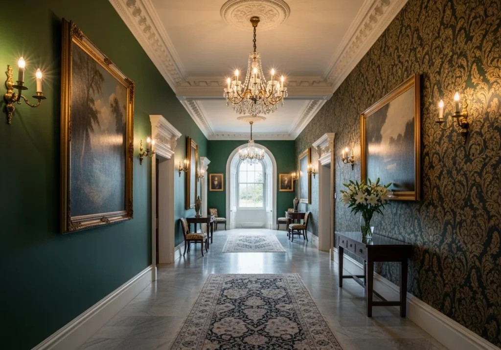 A hallway with bold or light colors creating a stylish and inviting atmosphere.