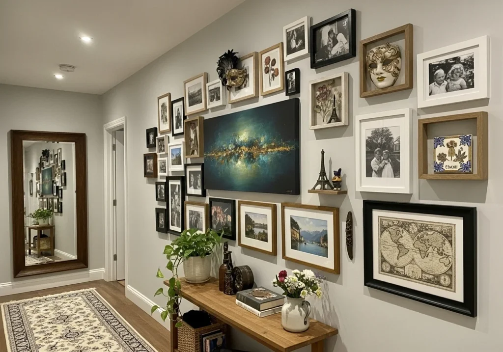 A hallway decorated with a gallery wall of framed art and photos adding personality.