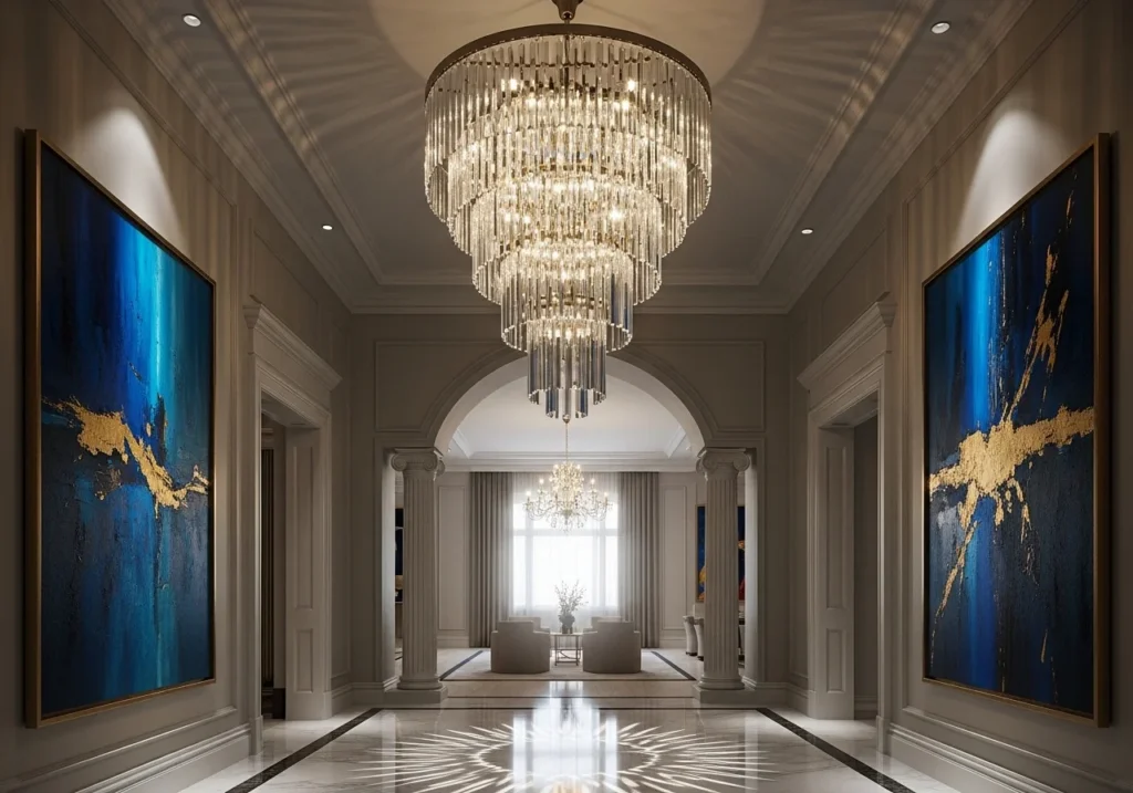 A hallway featuring a statement chandelier and stylish lighting enhancing the space.