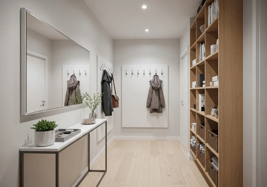 A small hallway with space-saving furniture, vertical storage, and mirrors making it feel larger.