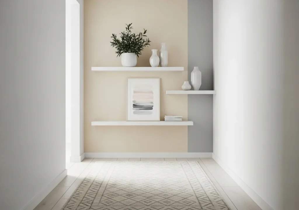 A small hallway with minimal decor, light tones, and a runner rug creating an open and bright feel.