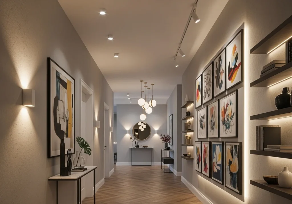 A hallway with layered lighting including recessed lights, wall sconces, pendants, and LED accents creating a cozy and stylish atmosphere.