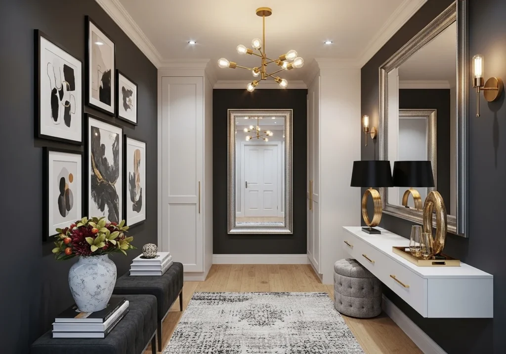 A stylish and functional hallway with wall decor, mirrors, storage, and ambient lighting creating a welcoming entry.