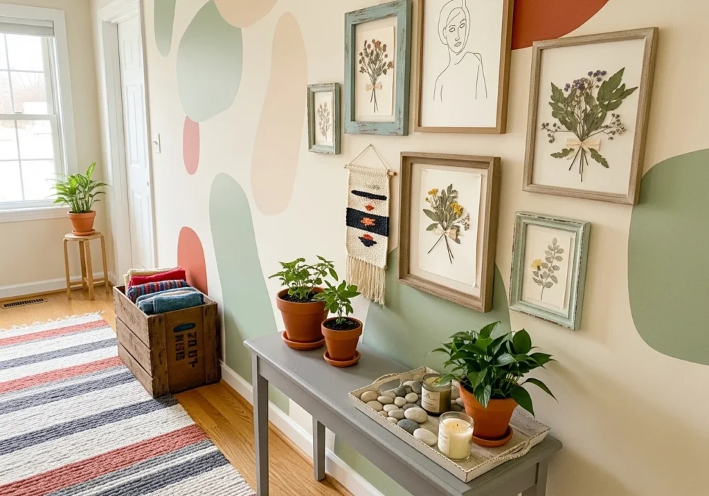 A budget-friendly hallway with DIY decor, affordable accessories, and upcycled furniture creating a cozy and stylish space.