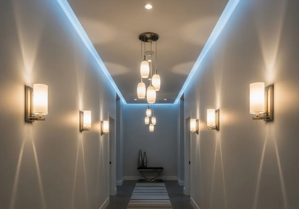 A hallway with recessed lights, wall sconces, and pendant or track lighting creating a cozy and elegant atmosphere.