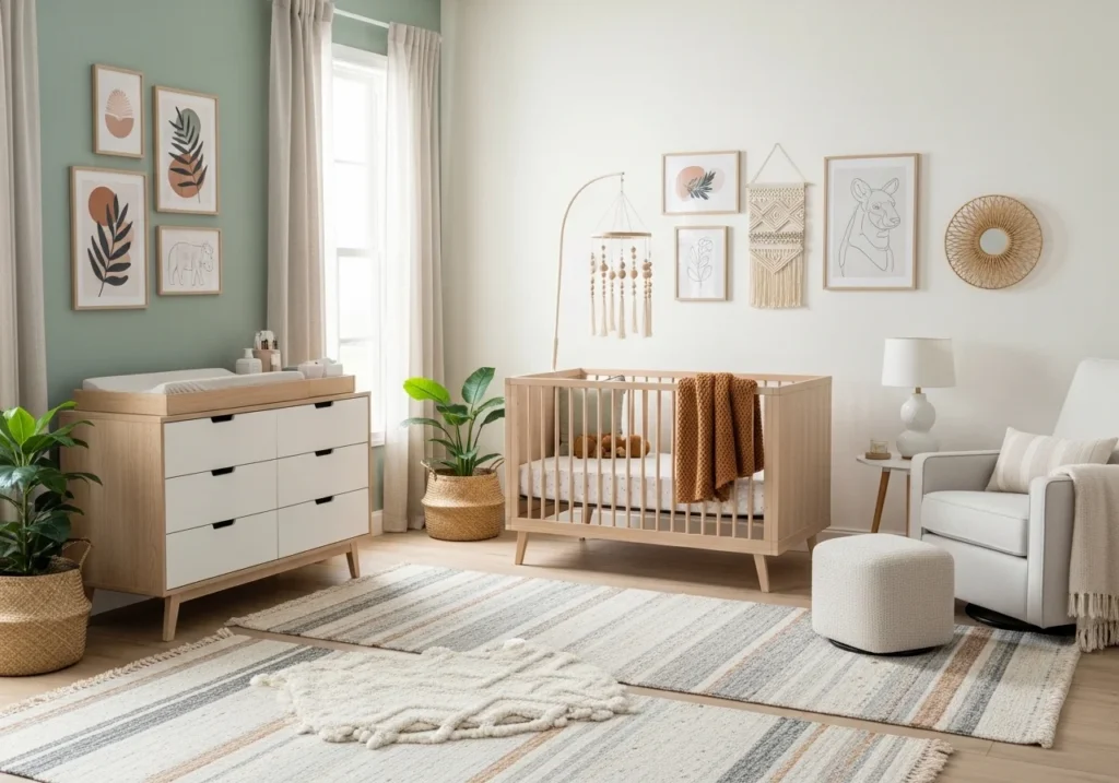 A cozy and stylish nursery with a crib, soft rugs, multifunctional furniture, and calming decor for babies.