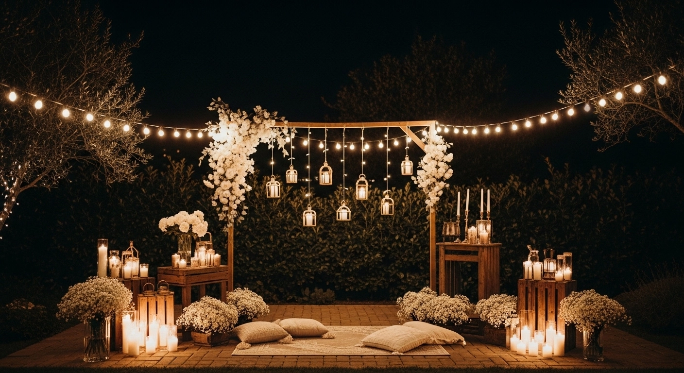 Beautiful backyard wedding ideas with fairy lights and rustic decor.
