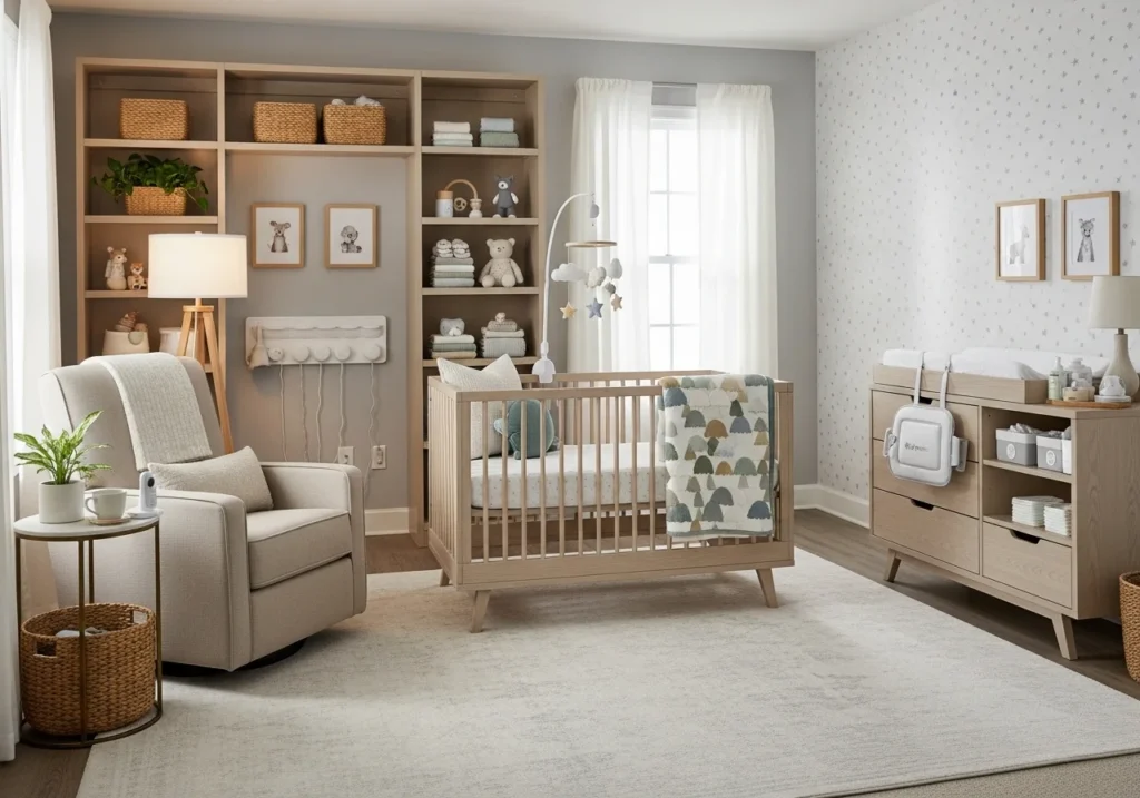 A cozy and functional nursery with a crib, soft lighting, and organized storage creating a safe and calming environment.