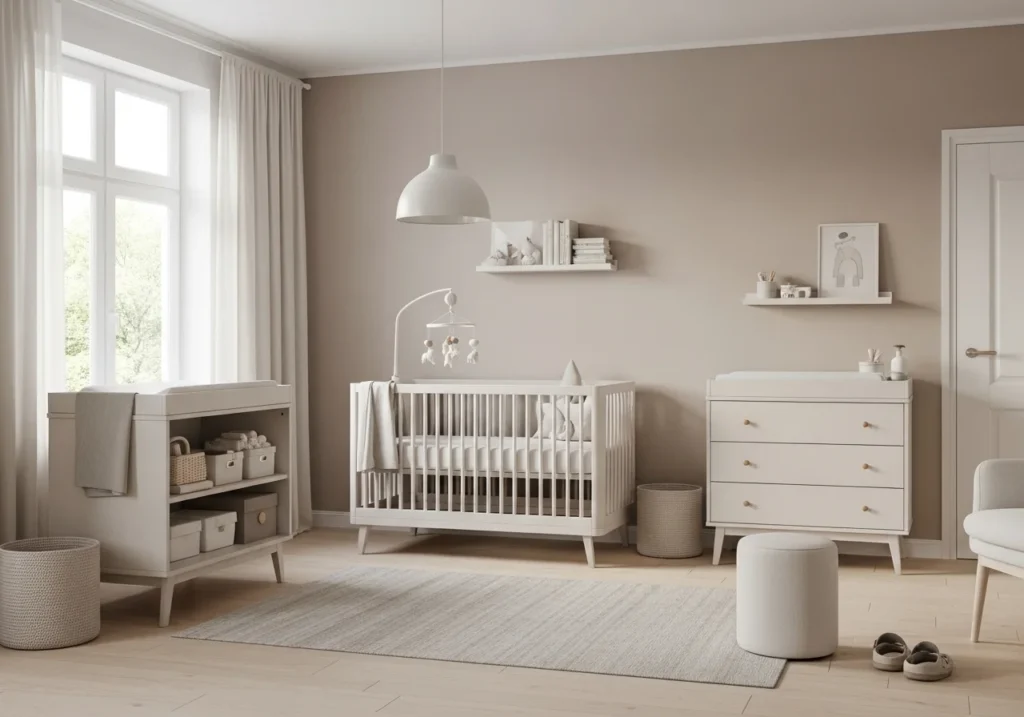 A modern minimalist nursery with neutral tones, simple furniture, and a clutter-free layout.