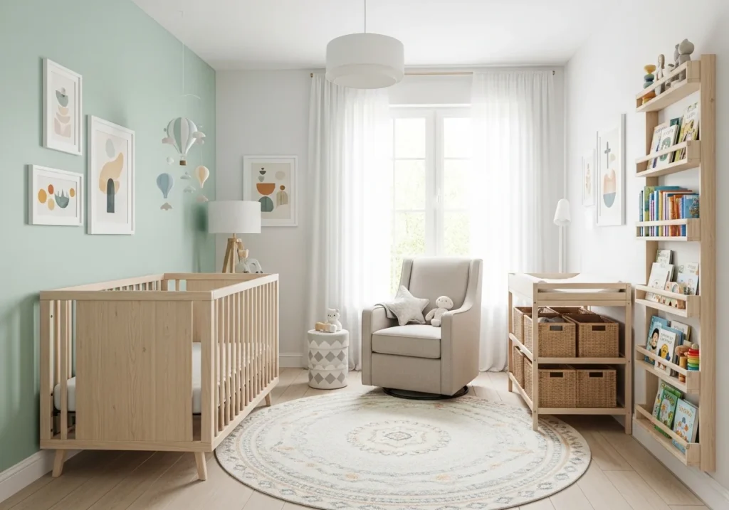 A gender-neutral nursery with pastels, natural wood furniture, and adaptable decor.