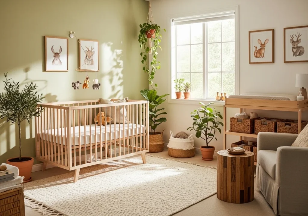 A nature-inspired nursery with wooden furniture, plants, and earthy textures creating a calming environment.