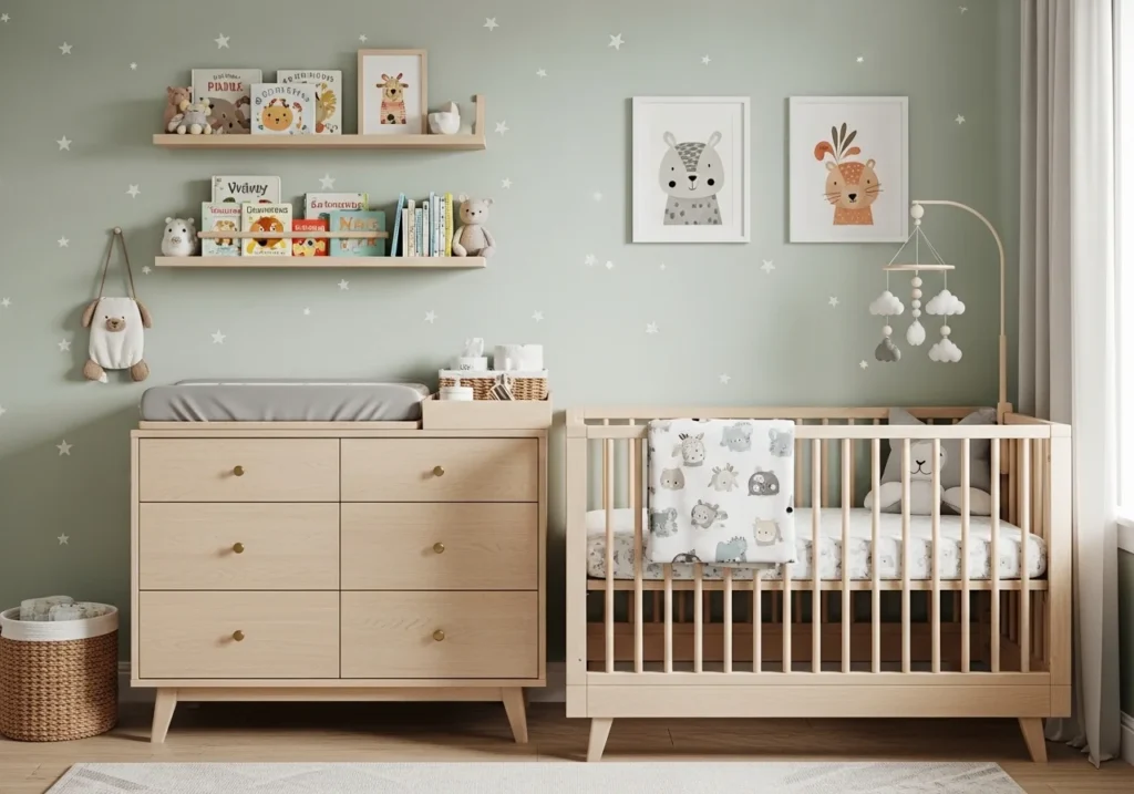A nursery with essential furniture including a crib, changing table, and organized storage for a practical and cozy space.