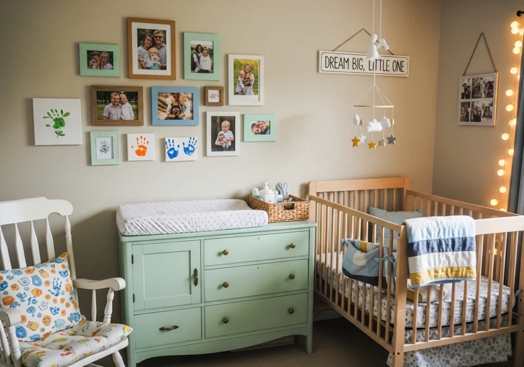 A nursery decorated with DIY wall art and upcycled furniture, creating a cozy and budget-friendly space.