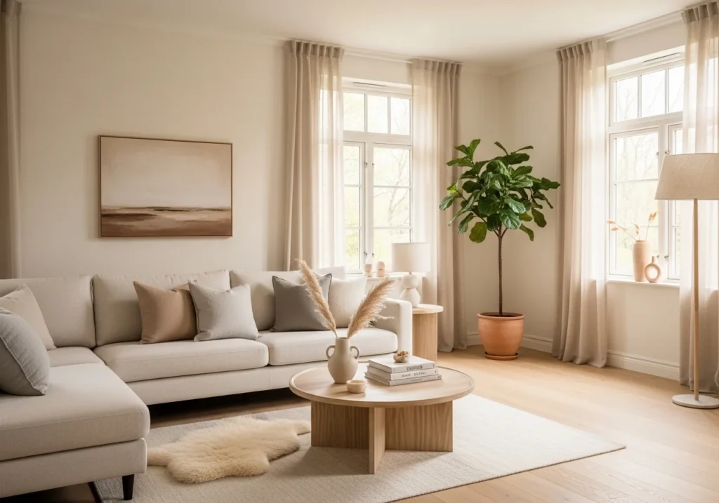 Modern aesthetic home ideas interior with natural lighting, minimal furniture, and cozy decor elements.