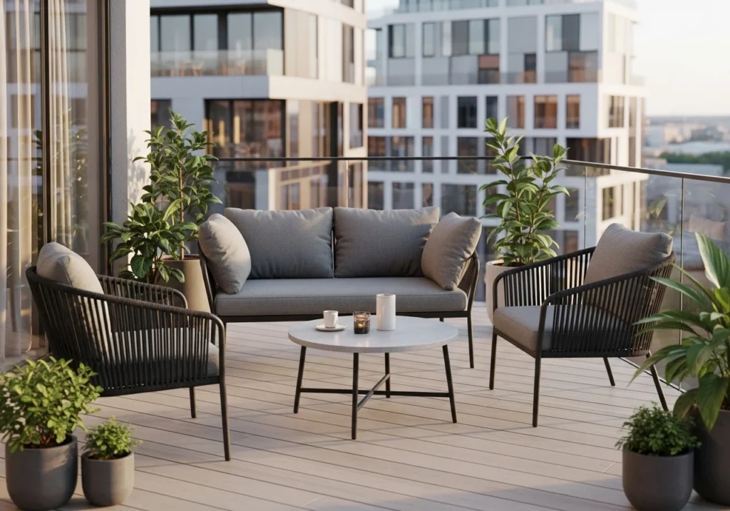 Tiny balcony makeover with chic decor elements