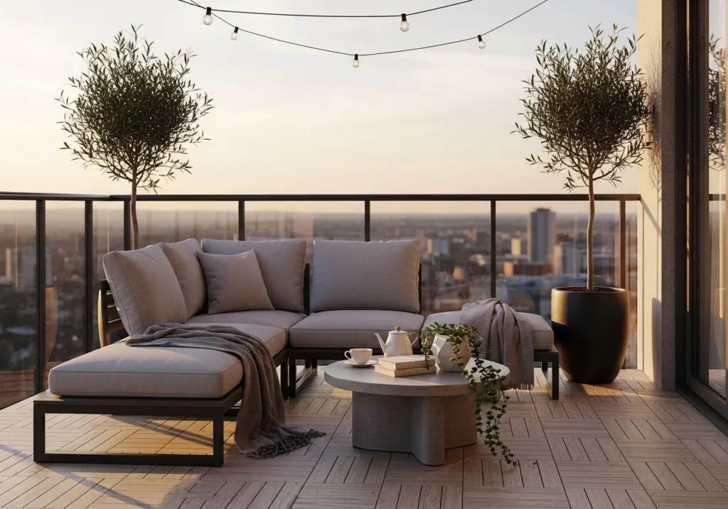 Stylish balcony setup with cushions and greenery