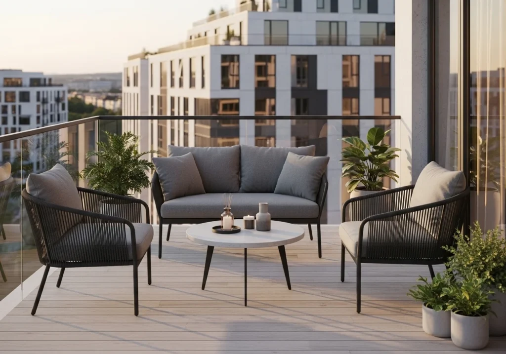 Stylish balcony setup with cushions and greenery