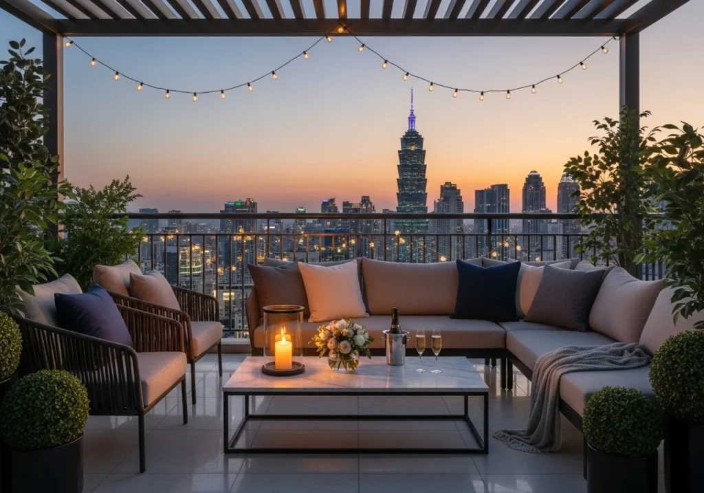 Cozy balcony design with plants and seating area
