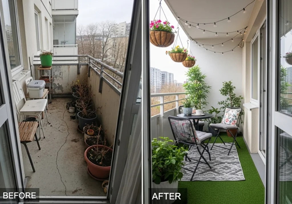 Cozy balcony design with plants and seating area