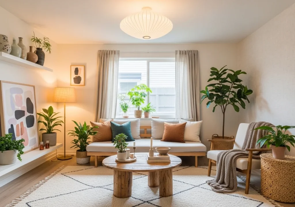 A cozy aesthetic home interior with balanced colors, natural elements, and personalized decor.