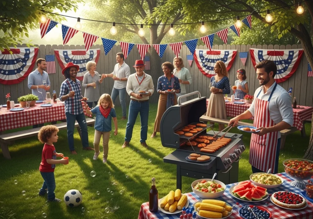 Memorial Day weekend celebration scene with patriotic red white and blue decorations, outdoor activities, travel essentials, and summer holiday lifestyle concept for 2026 guide