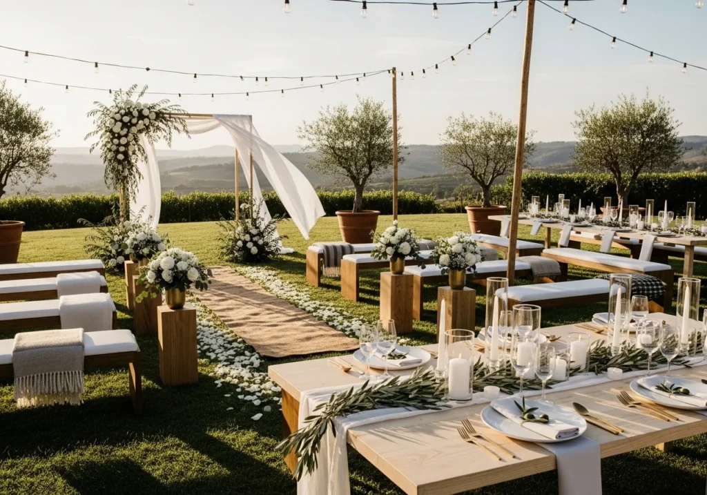 Beautiful wedding decoration with floral arrangements, elegant lighting, and stylish table setup in a romantic venue setting