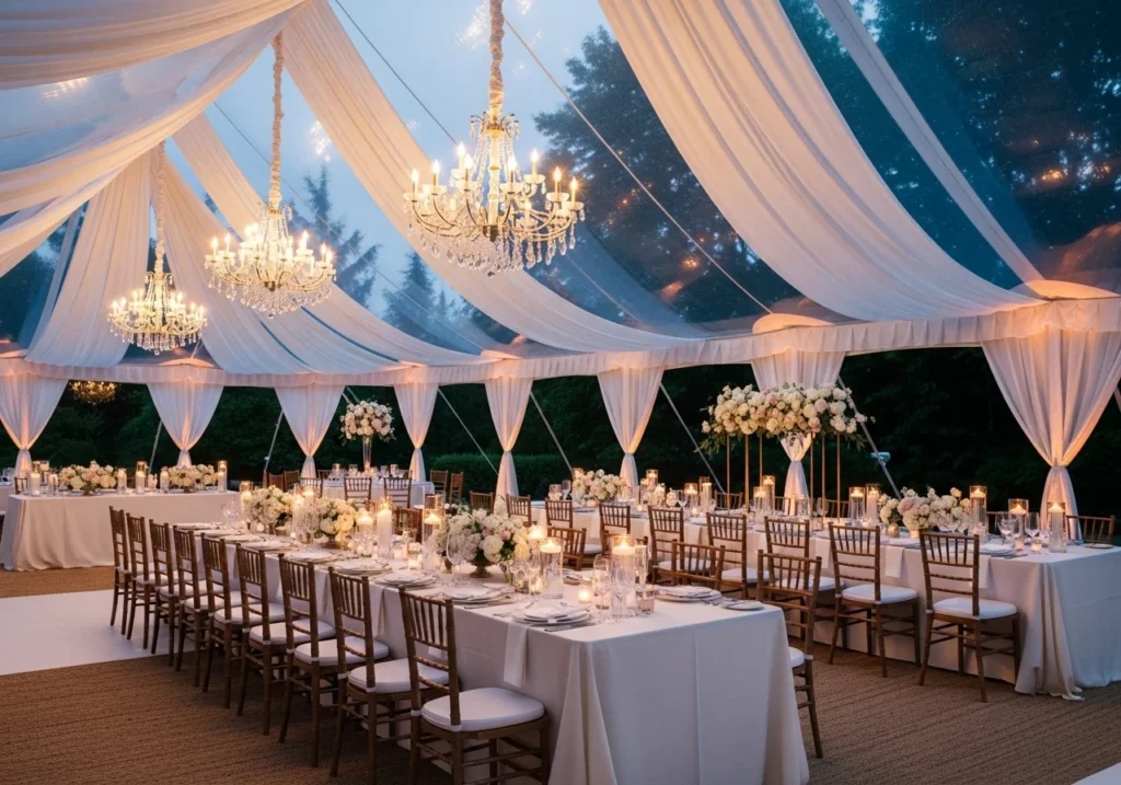 Beautiful wedding decoration with floral arrangements, elegant lighting, and stylish table setup in a romantic venue setting