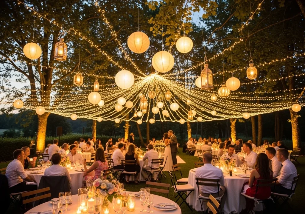Beautiful wedding decoration with floral arrangements, elegant lighting, and stylish table setup in a romantic venue setting