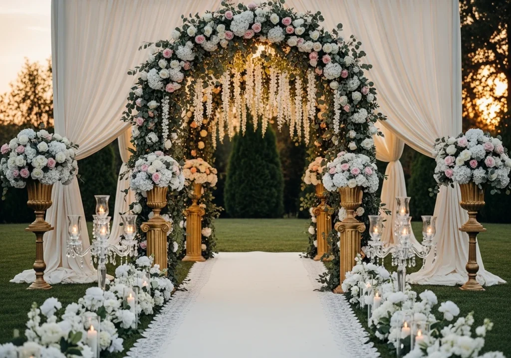 Beautiful wedding decoration with floral arrangements, elegant lighting, and stylish table setup in a romantic venue setting