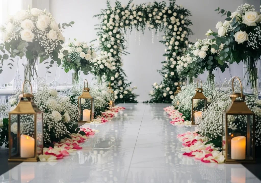 Beautiful wedding decoration with floral arrangements, elegant lighting, and stylish table setup in a romantic venue setting