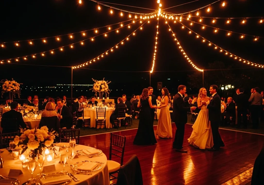 Beautiful wedding decoration with floral arrangements, elegant lighting, and stylish table setup in a romantic venue setting