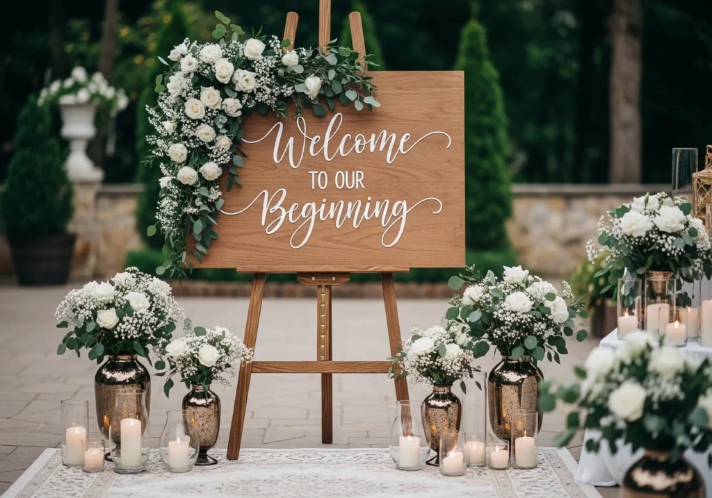 Beautiful wedding decoration with floral arrangements, elegant lighting, and stylish table setup in a romantic venue setting