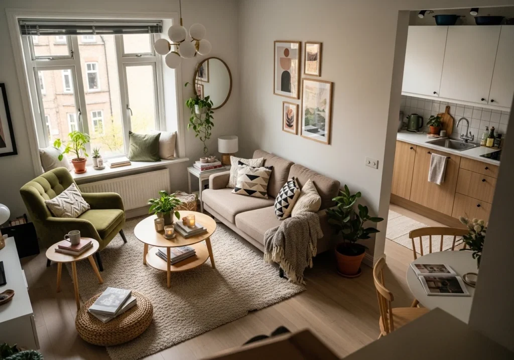 Modern studio apartment layout with space-saving furniture, cozy seating, smart storage solutions, and stylish small space decor design