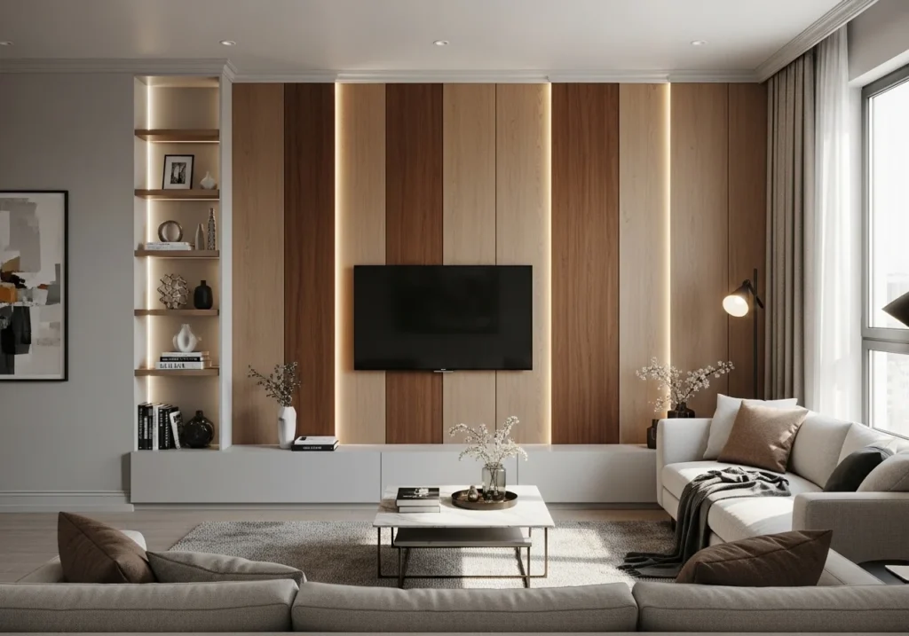 Modern living room featuring stylish wall panel design ideas with elegant textures, neutral tones, and contemporary home decor inspiration