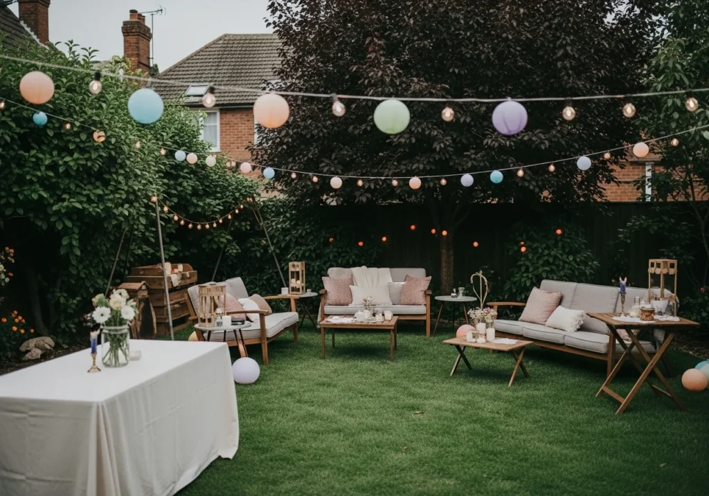 cozy backyard garden party setup with lights