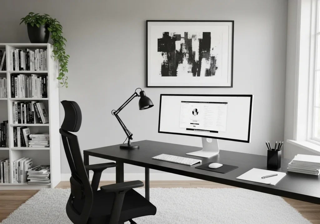 modern home office setup with stylish home office decor, cozy lighting, plants, minimal desk, aesthetic home office workspace for productivity