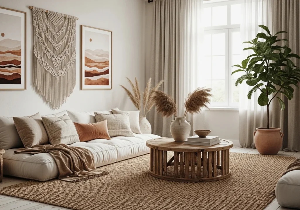 modern boho living room with neutral tones