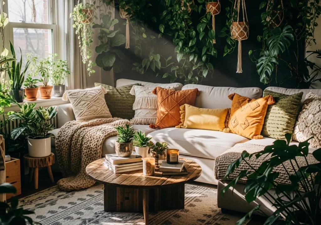modern boho living room with plants