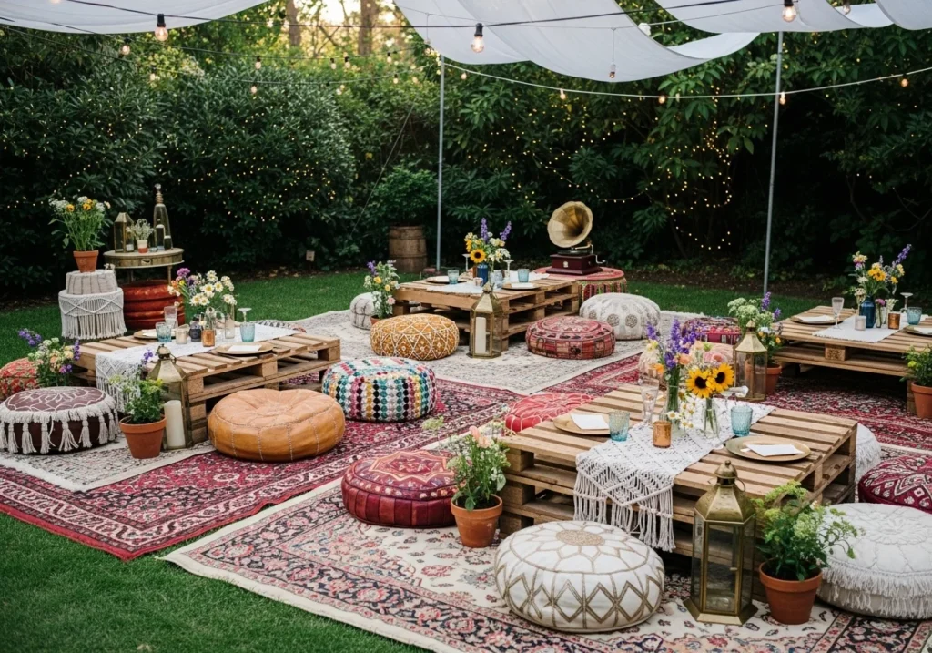 boho garden party decor with rugs and cushions