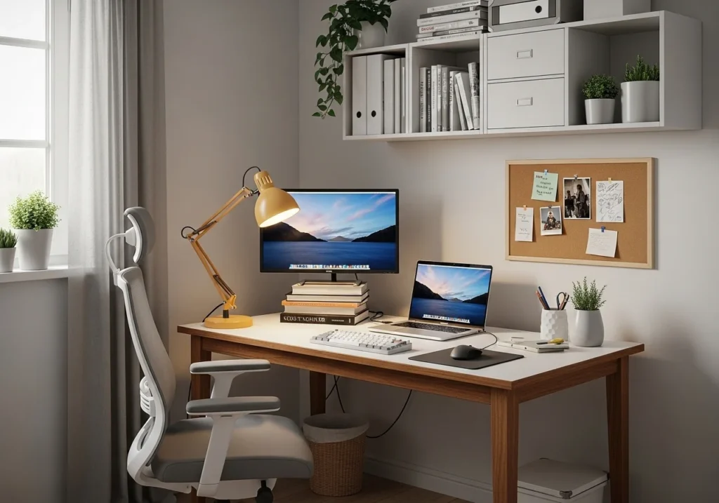 Home Office Setup with modern desk, ergonomic chair, stylish decor, shelves, and natural lighting for a productive and aesthetic workspace