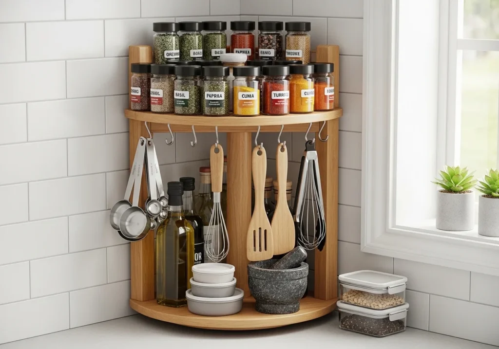 Corner kitchen organizer with spices and tools for smart small kitchen storage