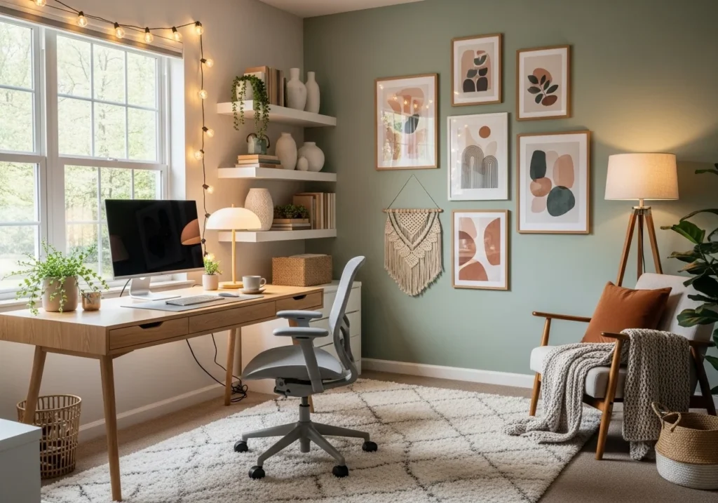 Home Office Setup with modern desk, ergonomic chair, stylish decor, shelves, and natural lighting for a productive and aesthetic workspace