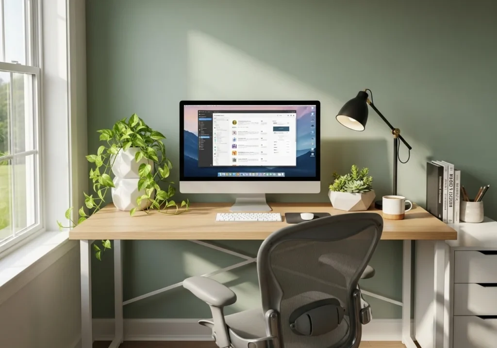Home Office Setup with modern desk, ergonomic chair, stylish decor, shelves, and natural lighting for a productive and aesthetic workspace