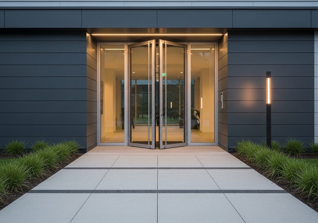 Stylish home entrance with welcoming front door and outdoor decor accents