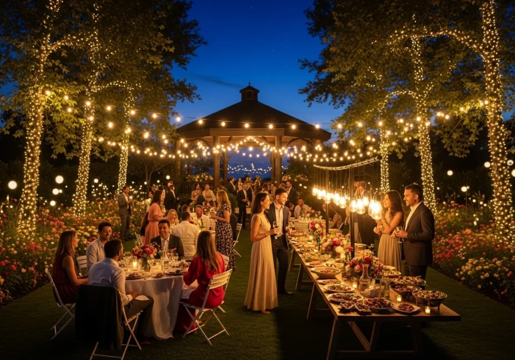 garden party string lights at night