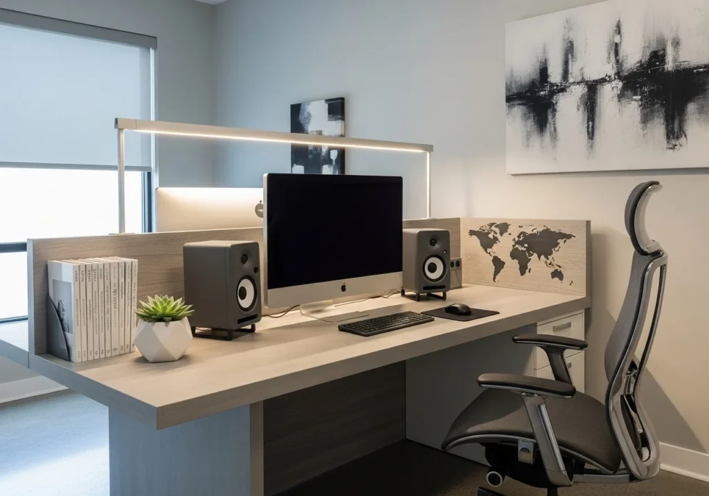 modern home office setup with stylish home office decor, cozy lighting, plants, minimal desk, aesthetic home office workspace for productivity