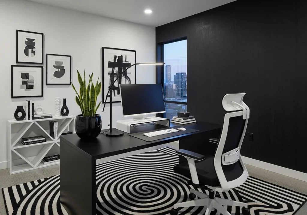 modern home office setup with stylish home office decor, cozy lighting, plants, minimal desk, aesthetic home office workspace for productivity