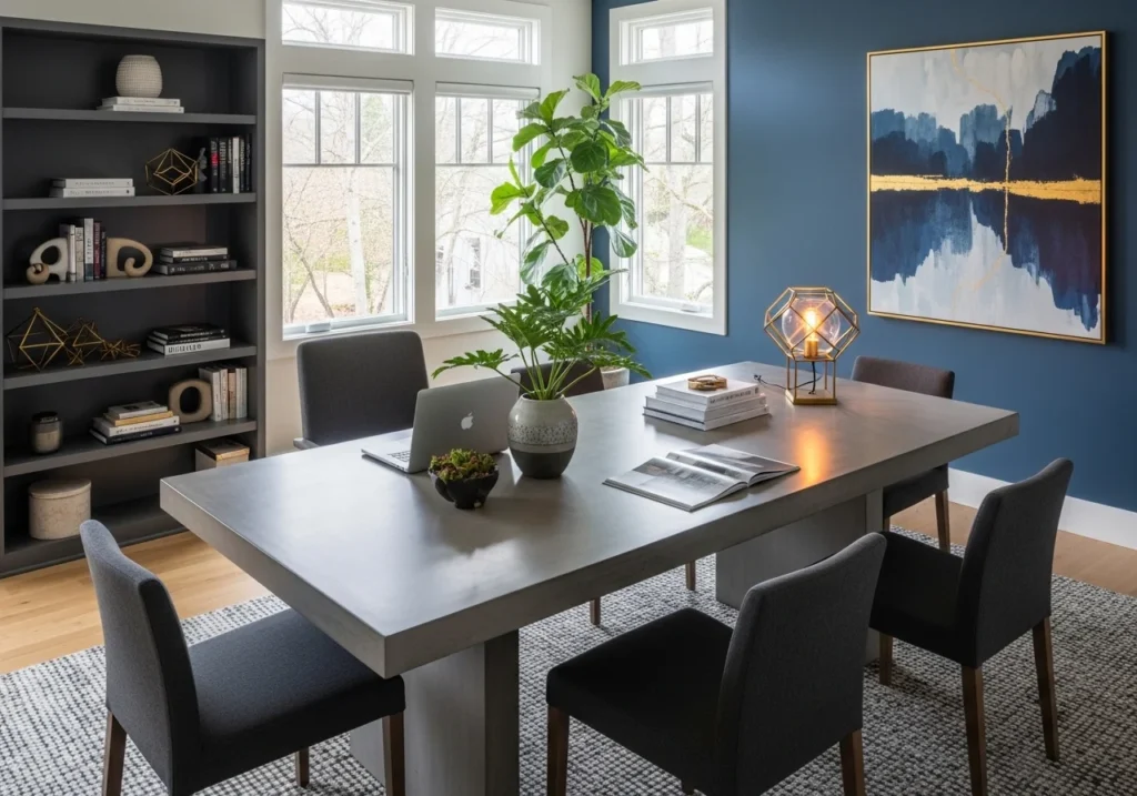 modern home office setup with stylish home office decor, cozy lighting, plants, minimal desk, aesthetic home office workspace for productivity