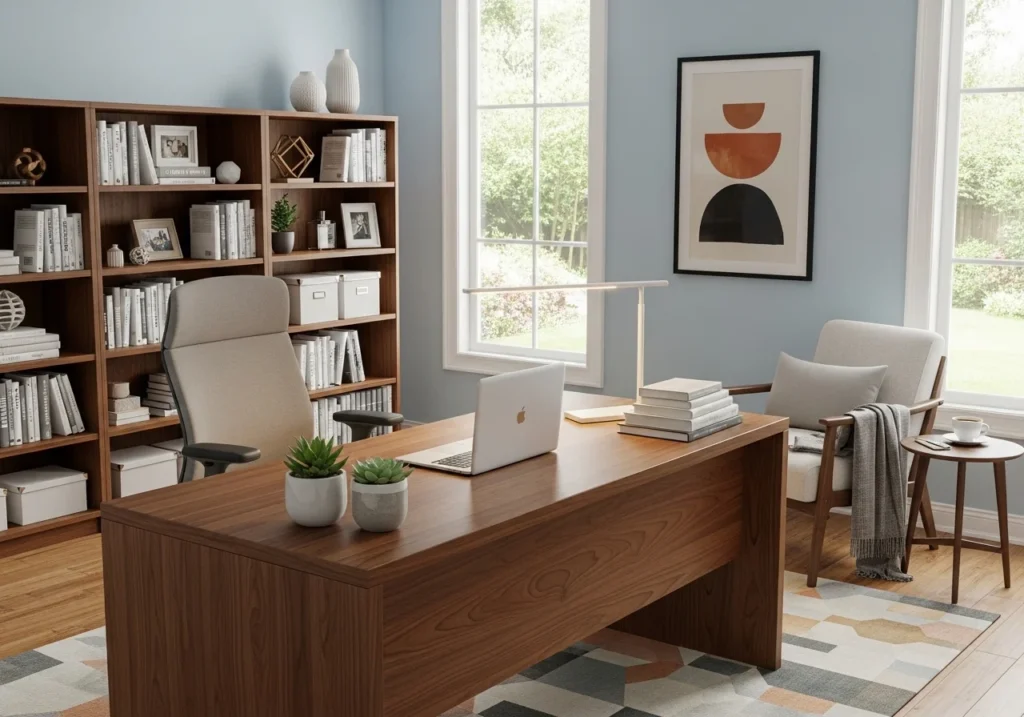 modern home office setup with stylish home office decor, cozy lighting, plants, minimal desk, aesthetic home office workspace for productivity