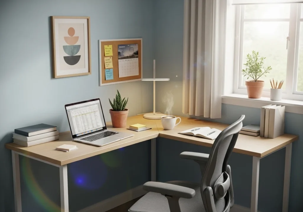 Home Office Setup with modern desk, ergonomic chair, stylish decor, shelves, and natural lighting for a productive and aesthetic workspace